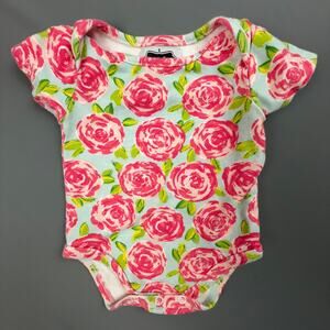 Mud Pie Rose Floral Baby Bodysuit | 0-6M | Cotton Pink Green One Piece